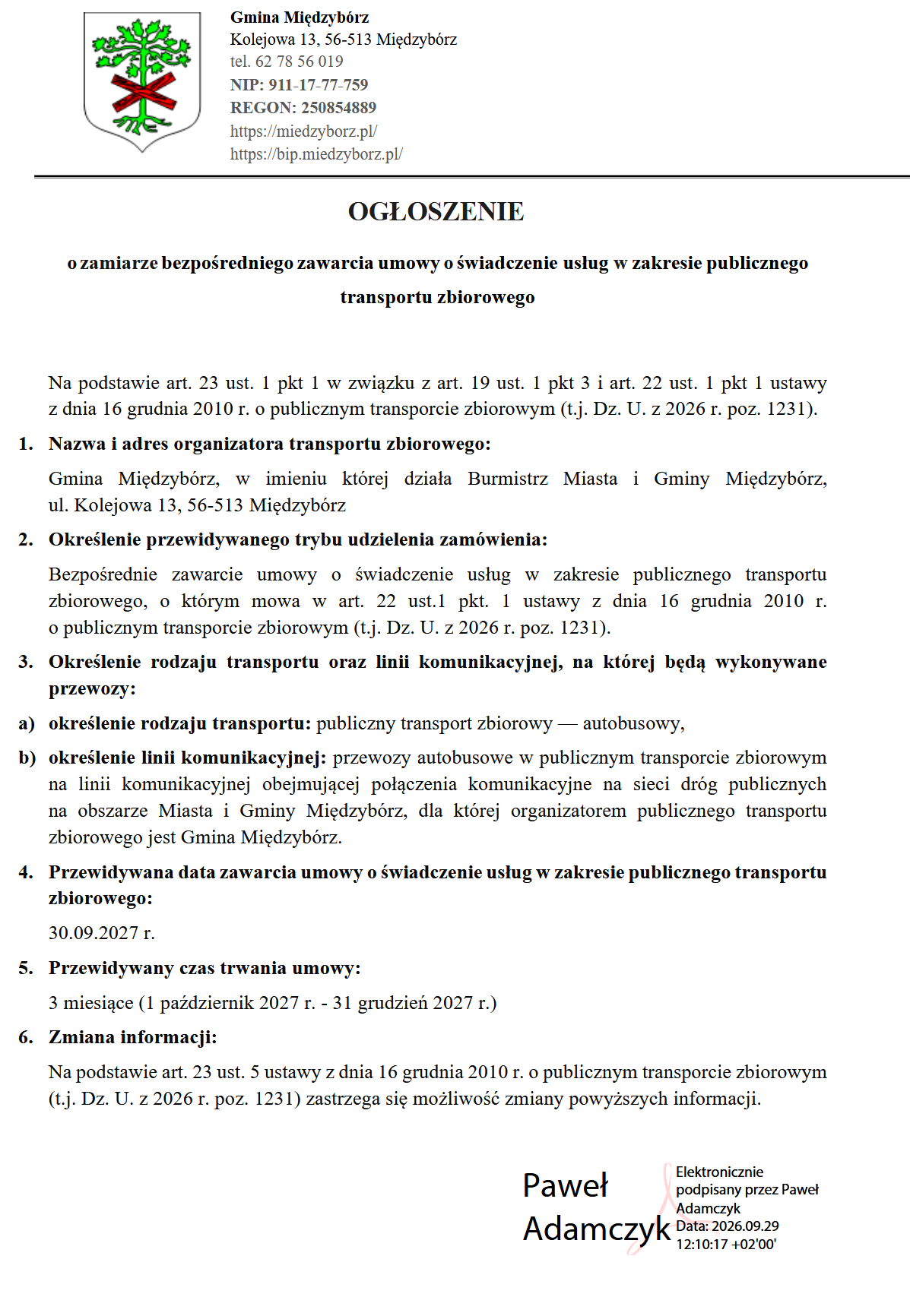 Ogłoszenie o&nbsp;zamiarze bezpośredniego zawarcia umowy o&nbsp;świadczenie usług w&nbsp;zakresie transportu zbiorowego