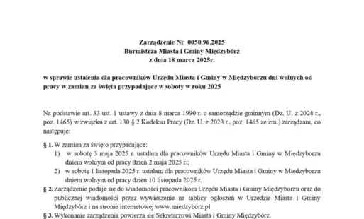 Zdjęcie do Zarządzenie Nr 0050.96.2025 Burmistrza Miasta i Gminy Międzyb&oacute;rz z dnia 18 marca 2025 r.