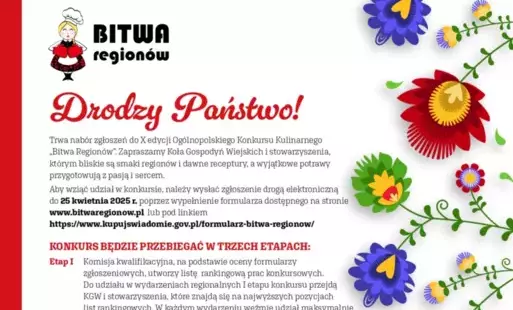 Zdjęcie do X edycja Og&oacute;lnopolskiego Konkursu Kulinarnego dla K&oacute;ł Gospodyń Wiejskich pn. &bdquo;Bitwa Region&oacute;w&rdquo;