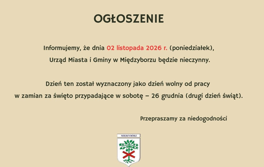 Urząd Miasta i Gminy Międzybórz będzie zamknięty 2 listopada 2026 roku